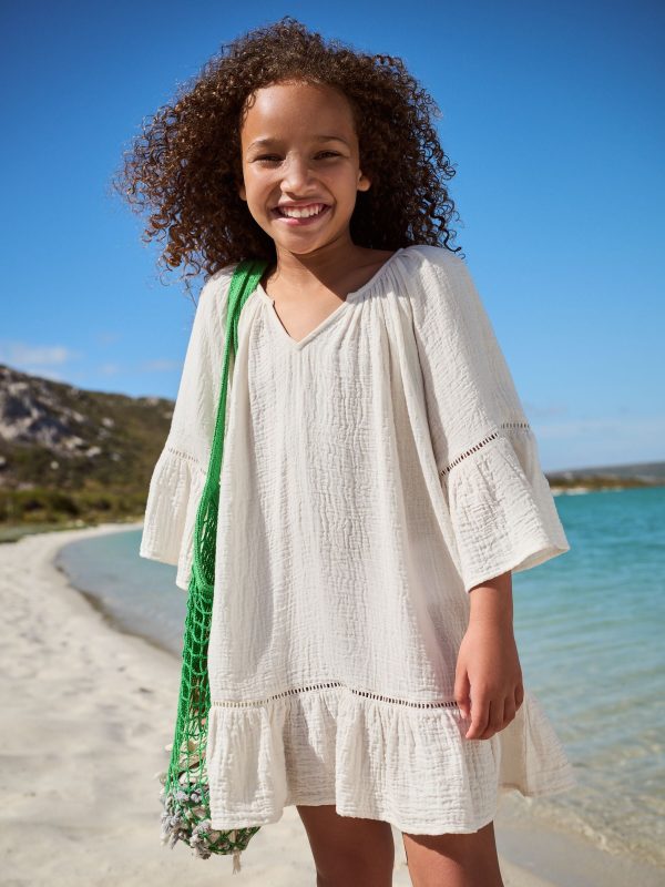 Nigflower54281 White 100% Cotton Beach Kaftan Dress (3-16yrs)