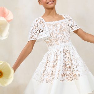Nigflower54289 White Lace Square Neck Occasion Dress (5-16yrs)