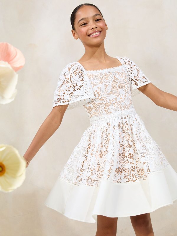 Nigflower54289 White Lace Square Neck Occasion Dress (5-16yrs)
