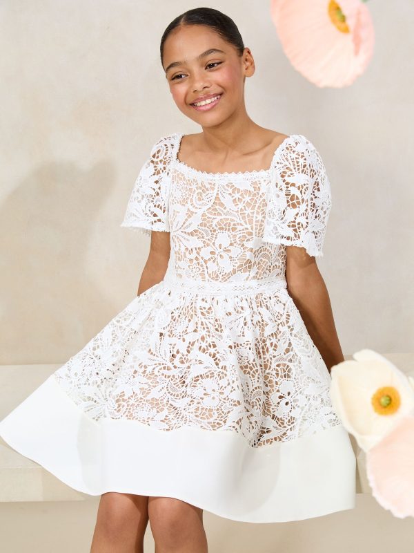 Nigflower54289 White Lace Square Neck Occasion Dress (5-16yrs) - Image 2