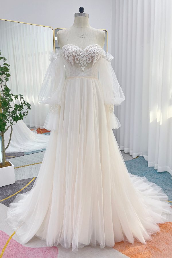 Nigflower54238 A-Line Court Train Lace Tulle Wedding Dress - Image 3