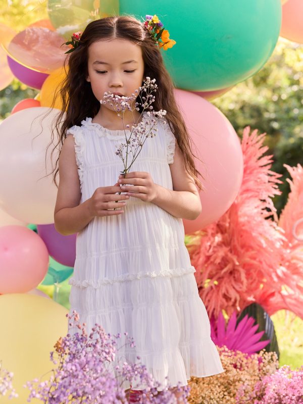 Nigflower54292 White Shirred Ruffle Party Dress (3-16yrs)