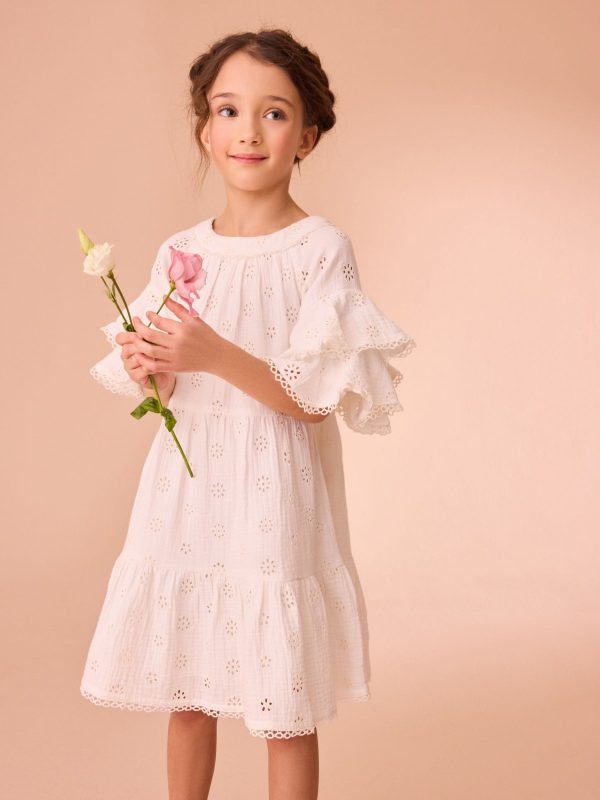 Nigflower54282 White Broderie Floral 100% Cotton Dress